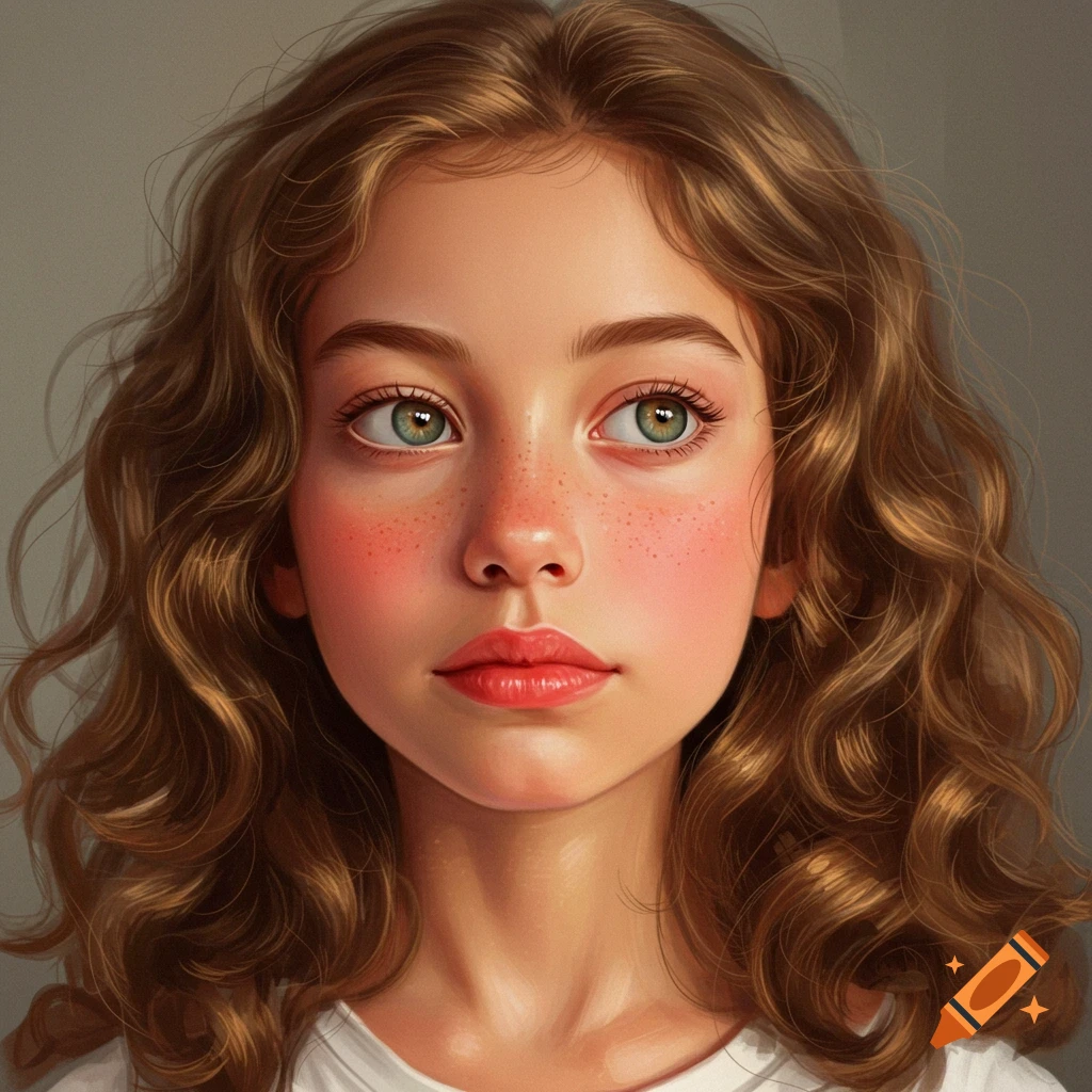 A young girl with wavy brown hair and green eyes.