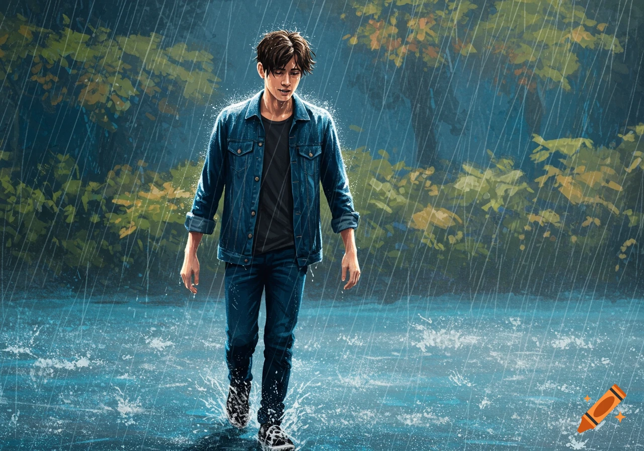 A young man walks through heavy rain.