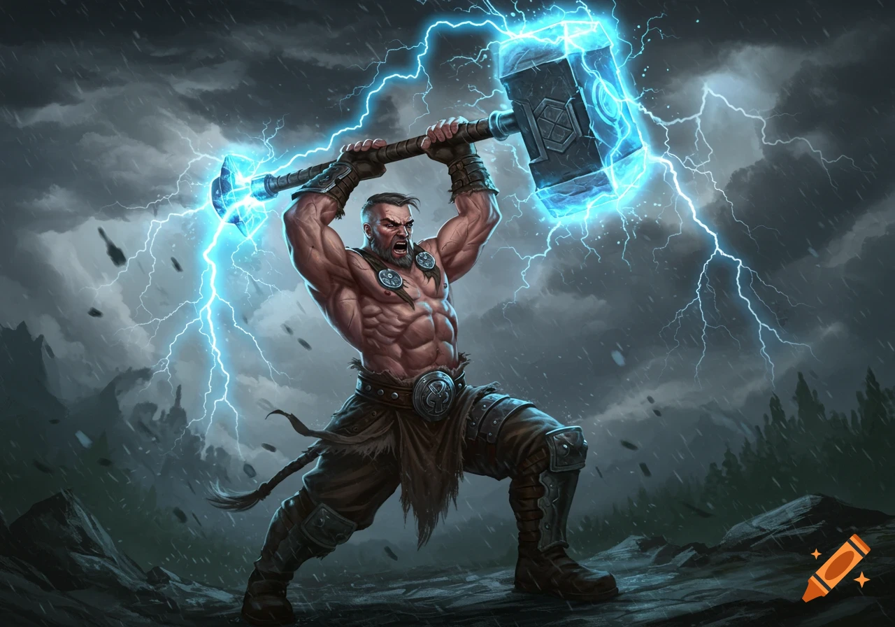 A muscular man swings a glowing warhammer, surrounded by blue lightning in a storm.