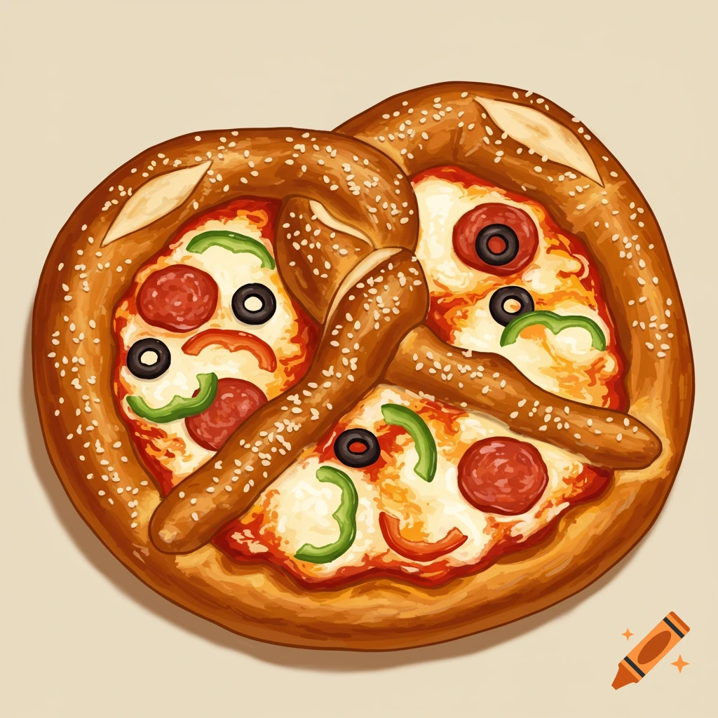 Cartoon pretzel pizza with faces made of olives, peppers, and pepperoni.