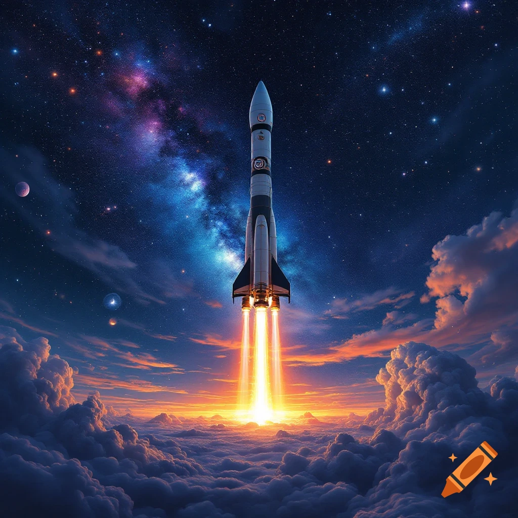 A rocket launches from clouds at sunset towards a starry galaxy sky.