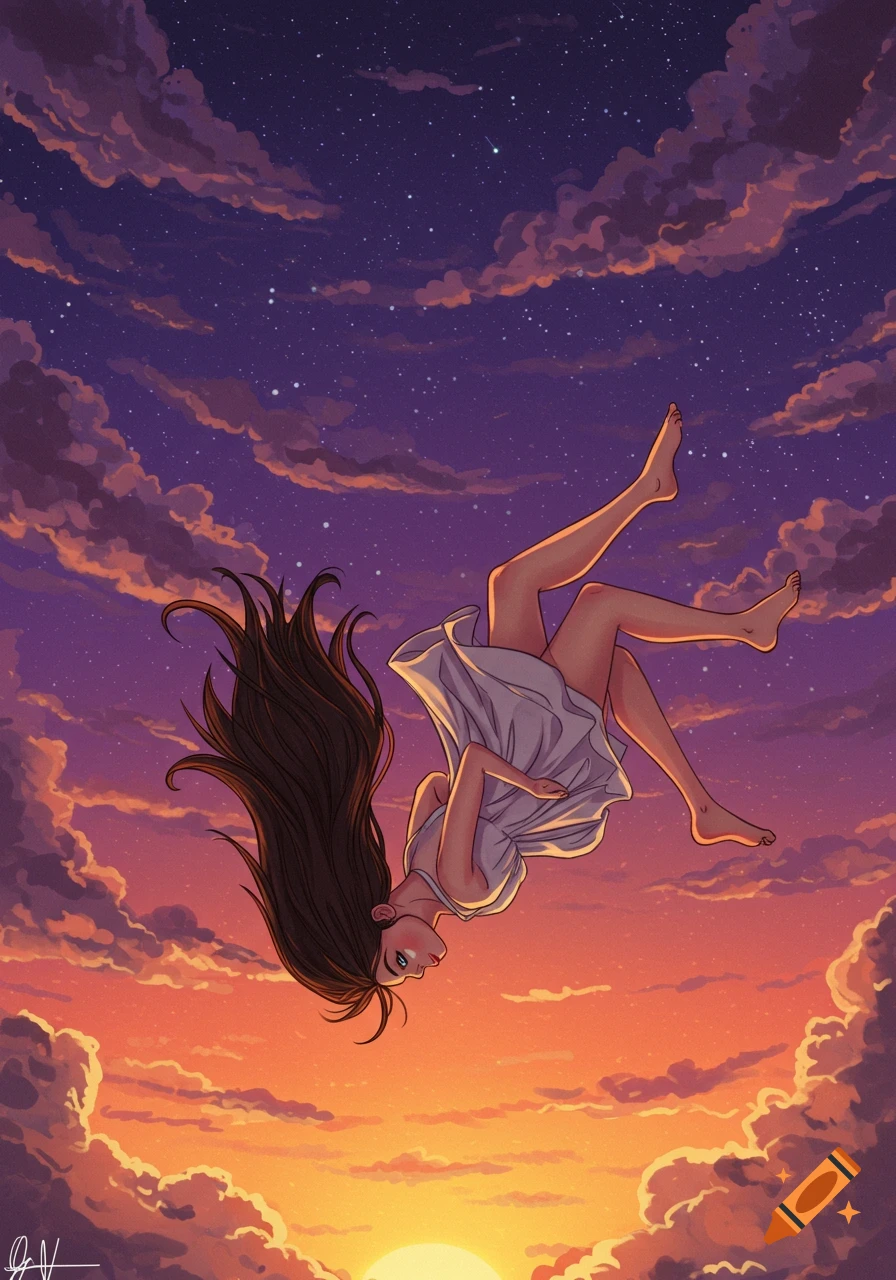 A woman falls upside down through a vibrant sunset sky with clouds and stars.