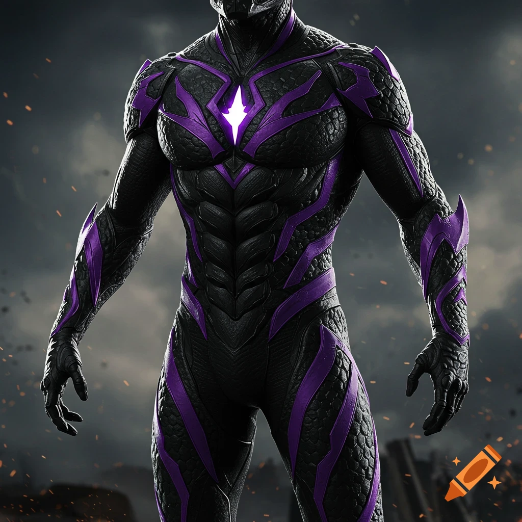 Close-up of a black superhero suit with purple scale texture and glowing chest symbol against a dark, smoky background.