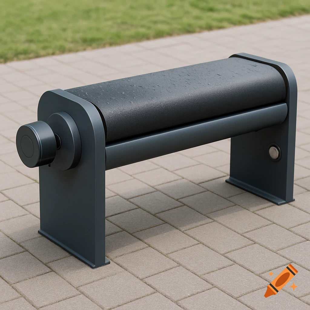 A modern dark grey outdoor bench with a rotating seat covered in water droplets on paver stones.