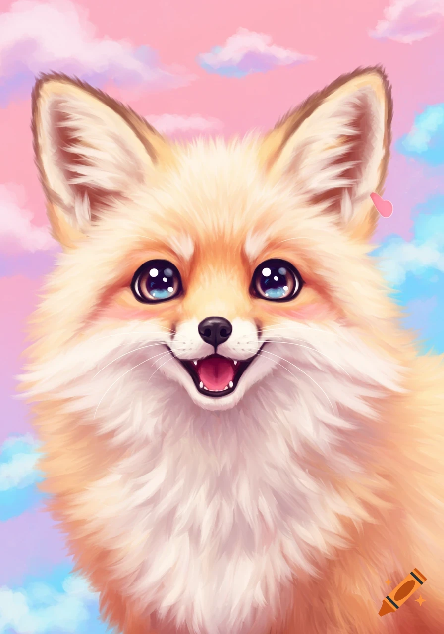 A cute, fluffy fox smiling against a pink and blue cloudy background.