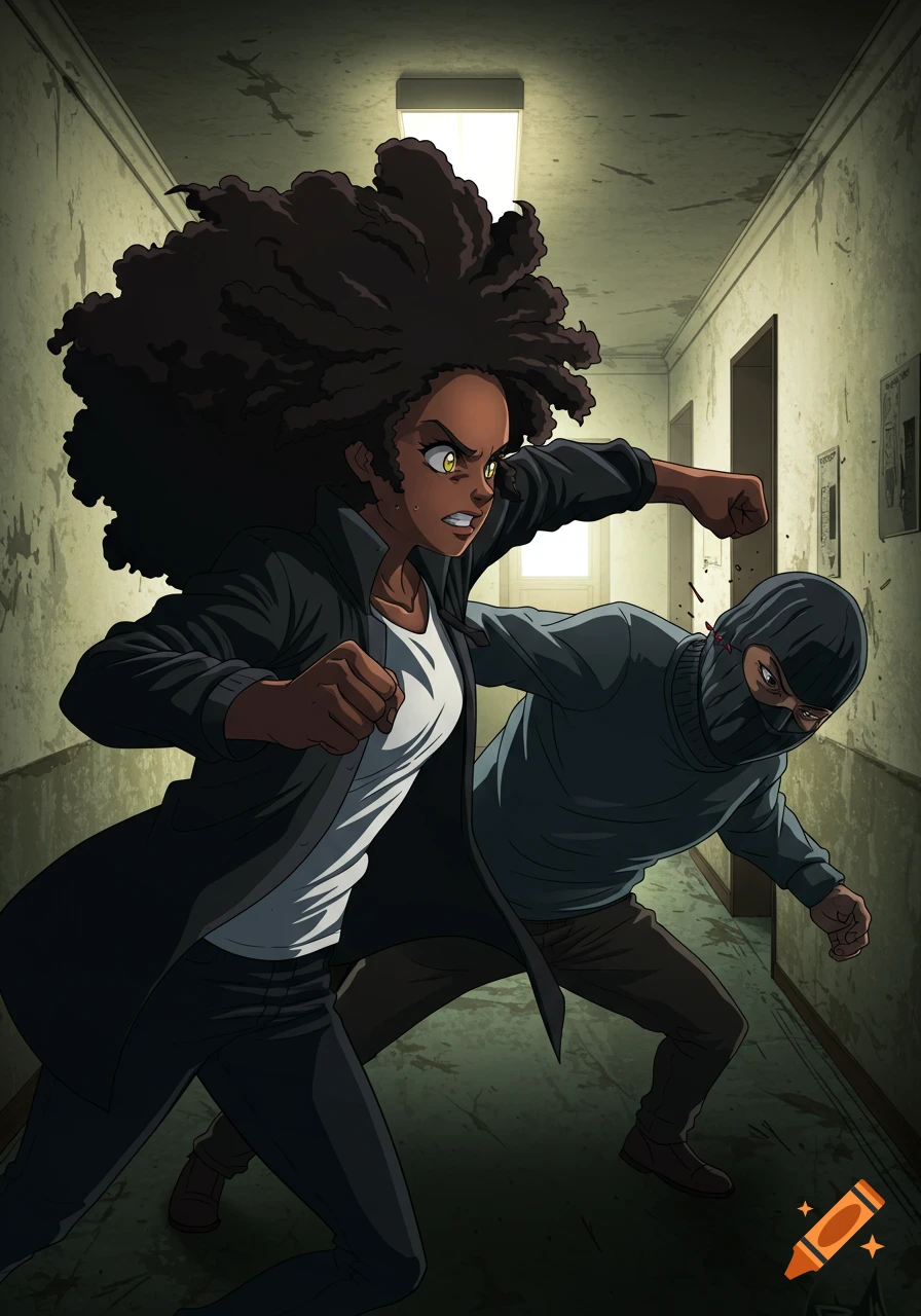 Anime woman with afro punching masked man in a hallway.