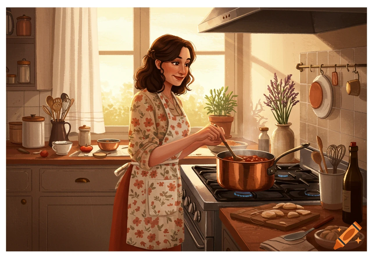 A woman wearing an apron, cooking in a vintage-style kitchen.