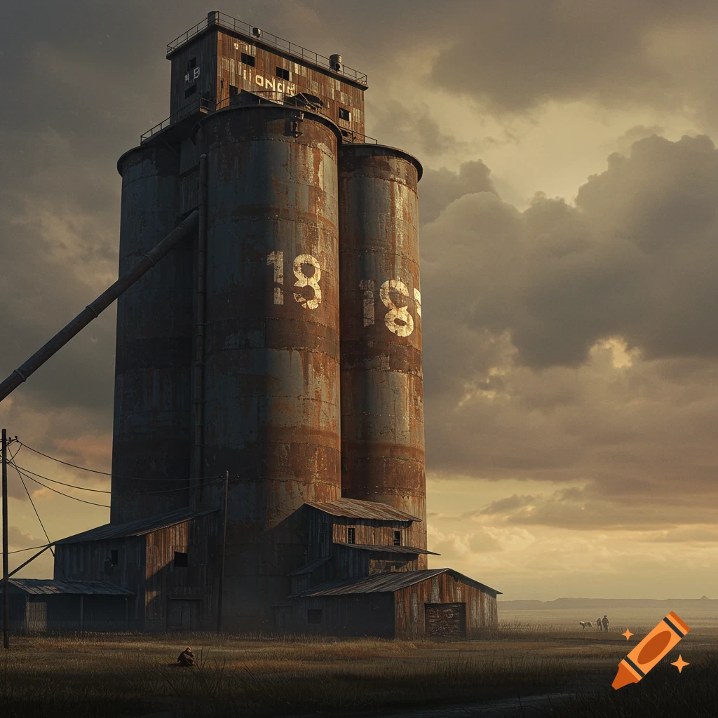 Rusty silo structure with '19 18' written on it, under a cloudy sky in a rural field.