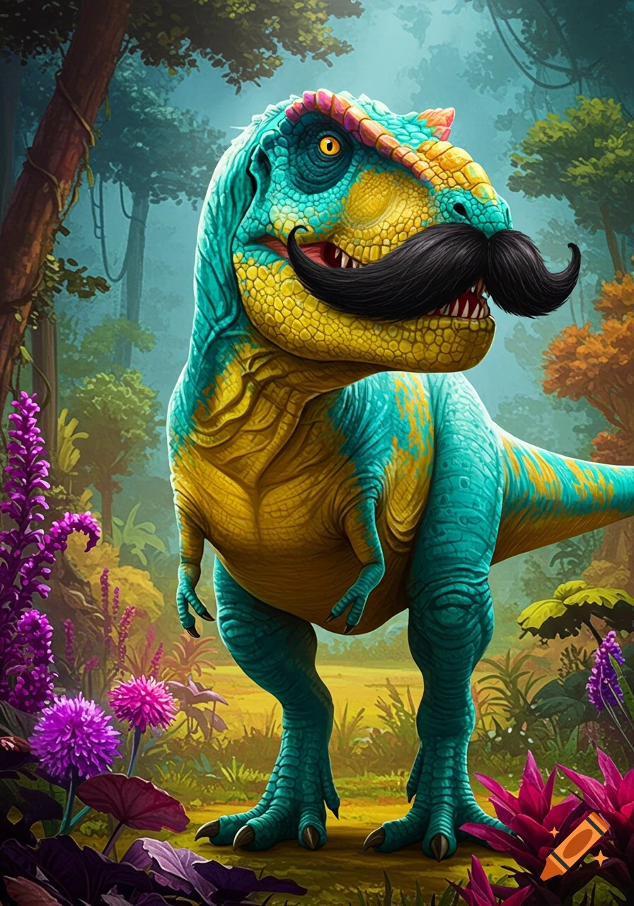 A colorful dinosaur with a large black mustache stands in a vibrant jungle landscape.