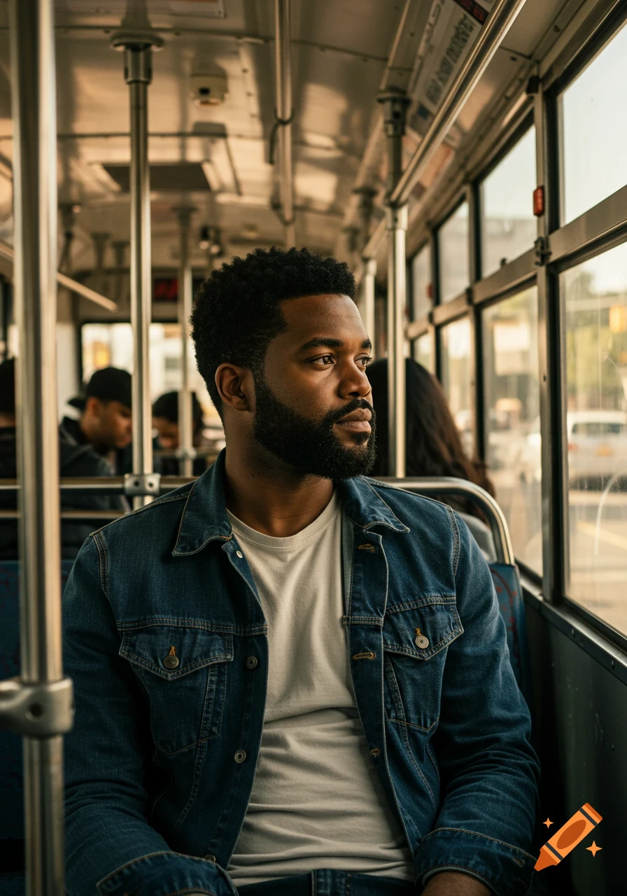 A Black man sits on a bus and looks out the window.