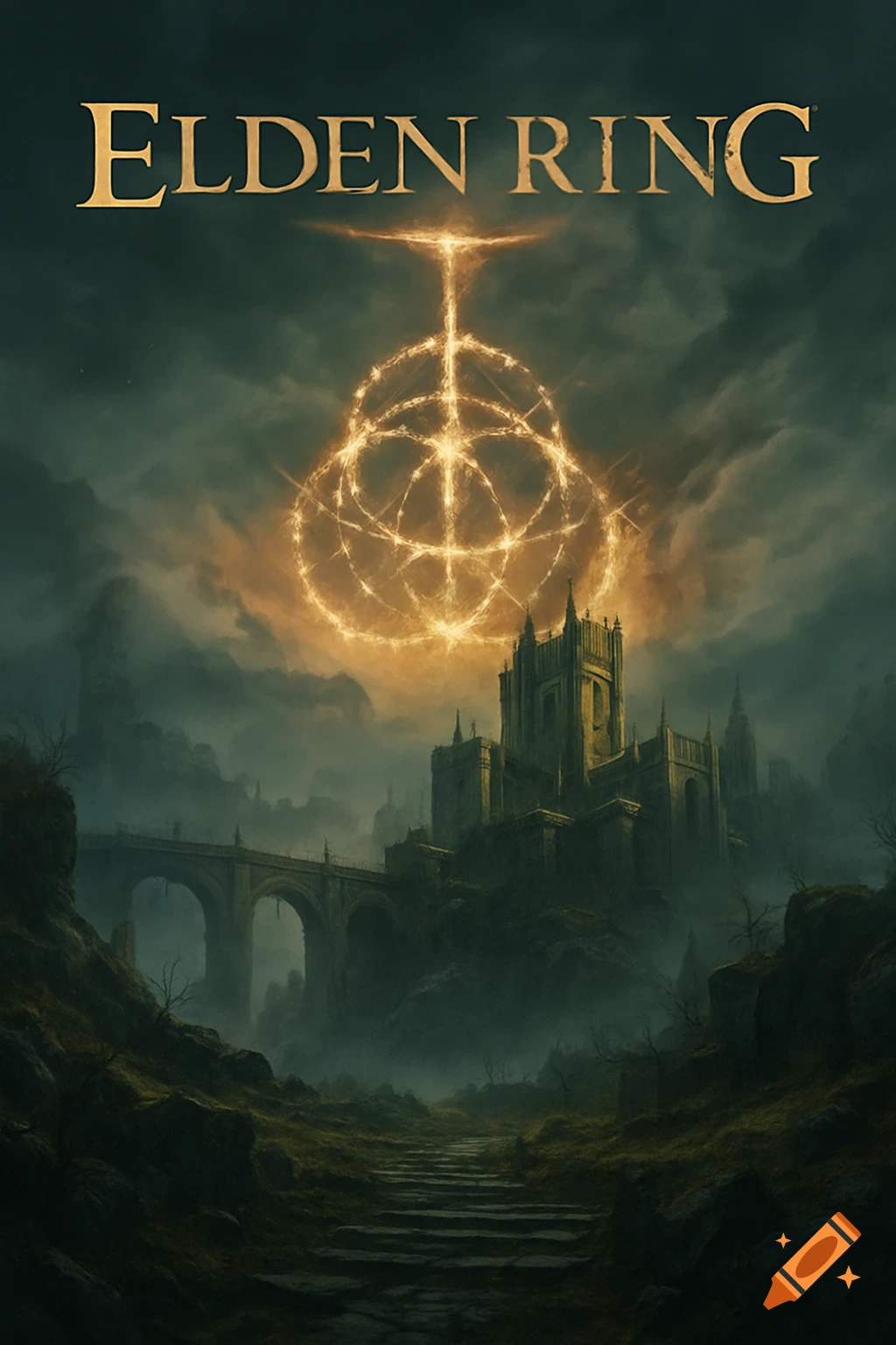 Dark fantasy landscape with a castle, glowing symbol, and the text "ELDEN RING" at the top.