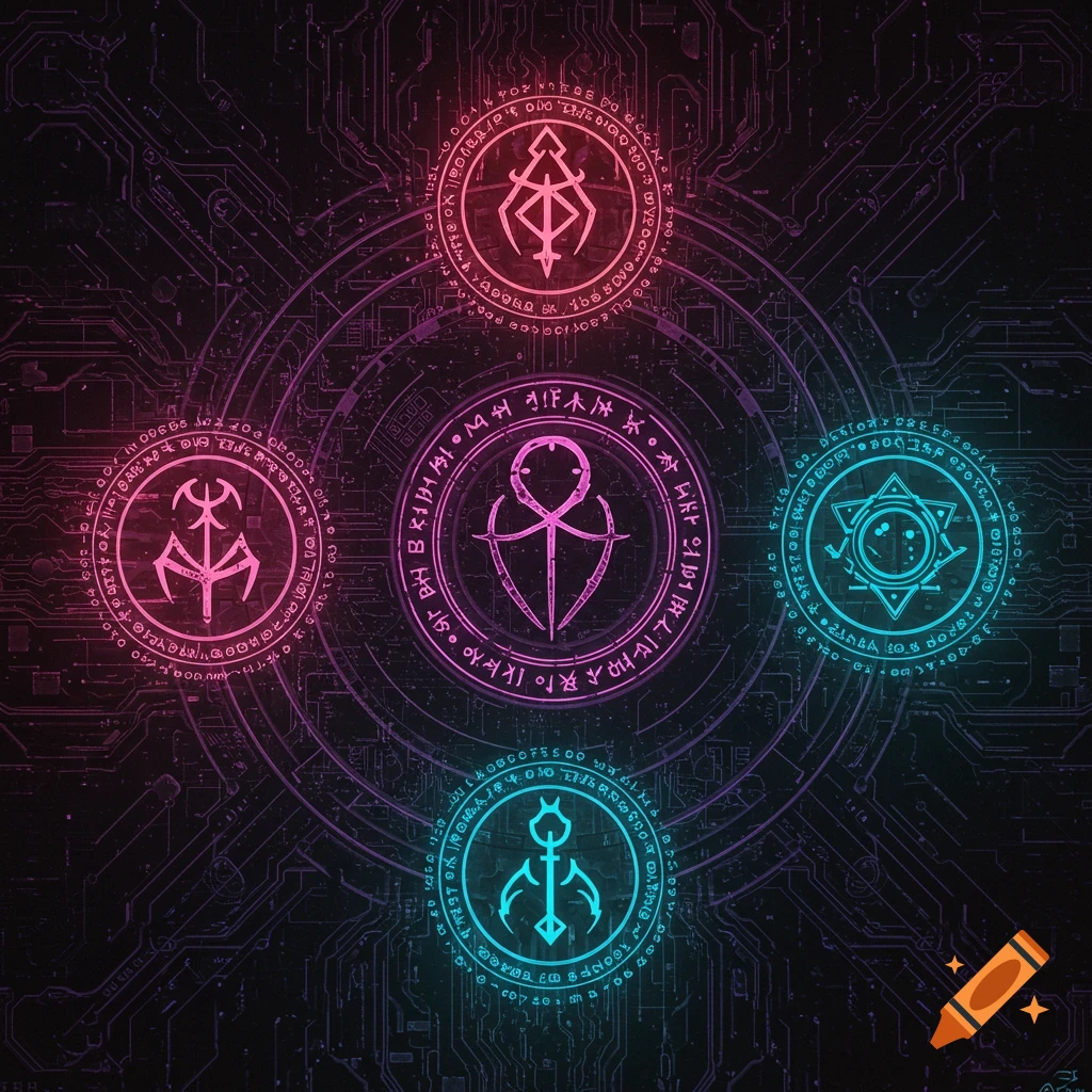 Cyber sigilism design with five glowing arcane symbols on a dark circuit board background.
