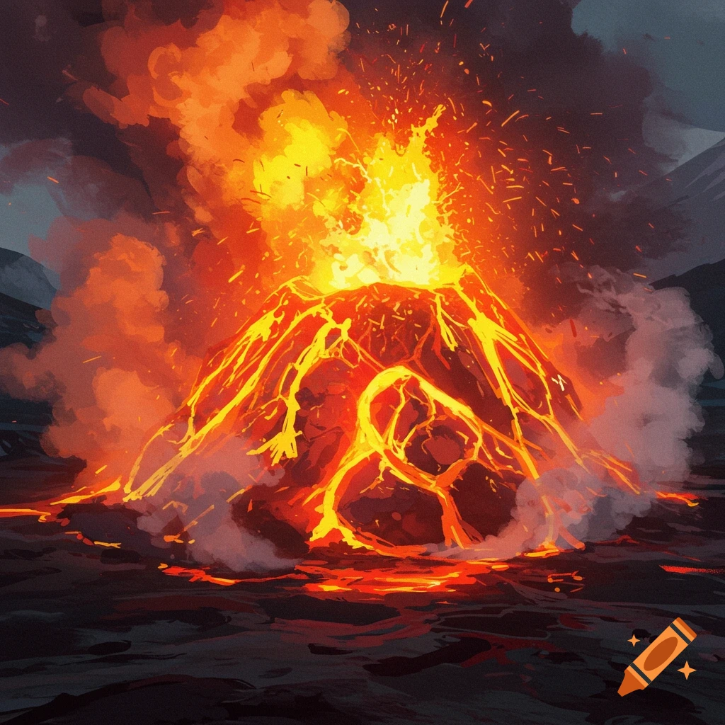 A volcano is erupting with glowing red and yellow lava and thick smoke.