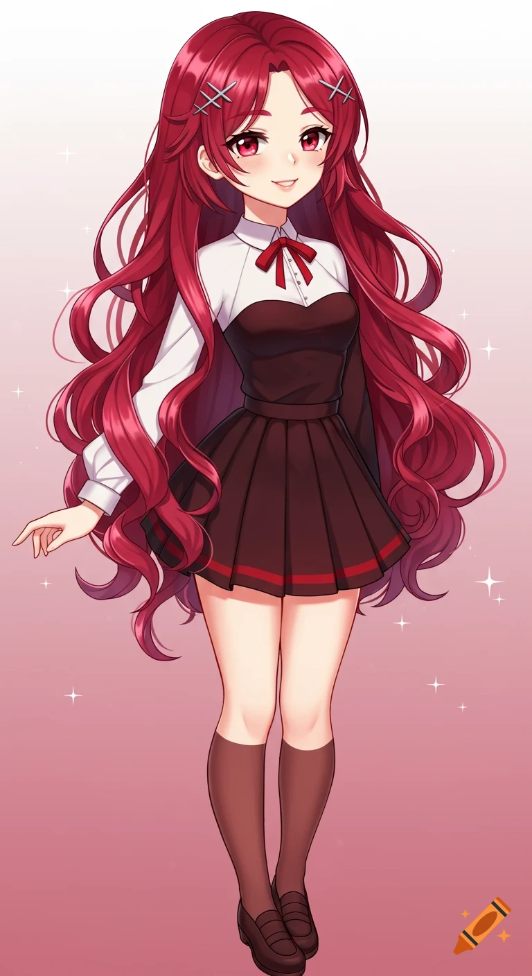 Full body anime girl with long red hair, wearing a dark dress, white shirt, red bow, dark socks and shoes, standing on a pink background.