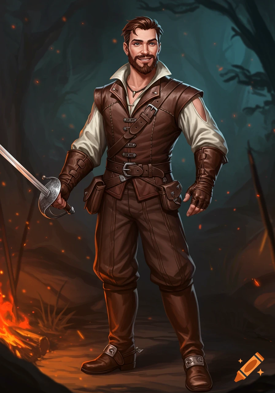 A swashbuckler character holding a sword in a forest at night