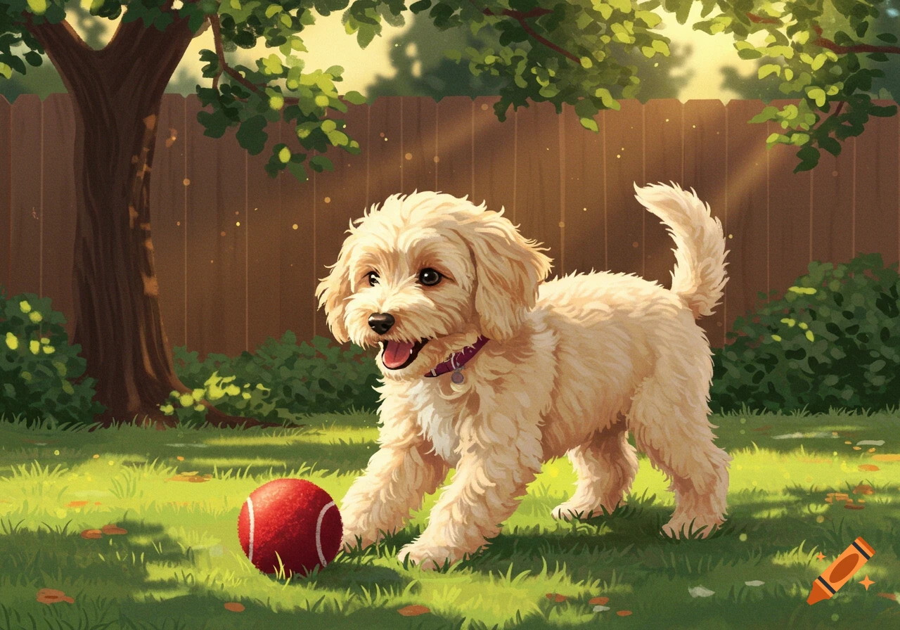A cream colored goldendoodle puppy plays with a red ball in a sunny yard.
