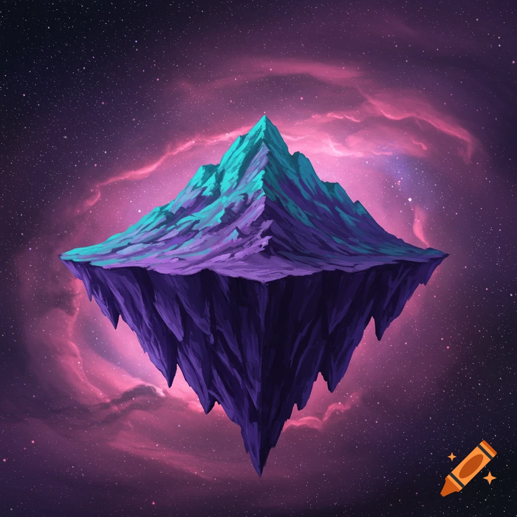 A floating purple and teal mountain island in space with a pink nebula and stars.