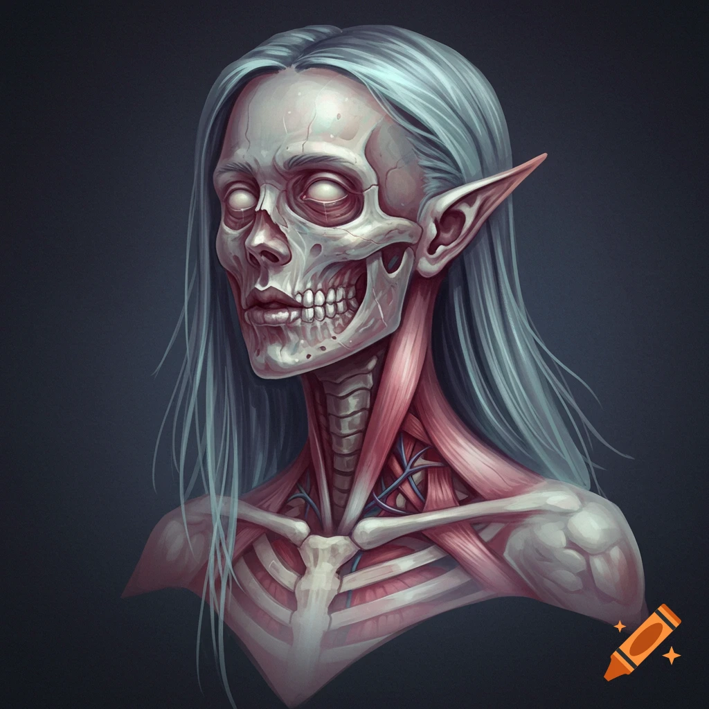 An undead half-elf with exposed skull and muscle.