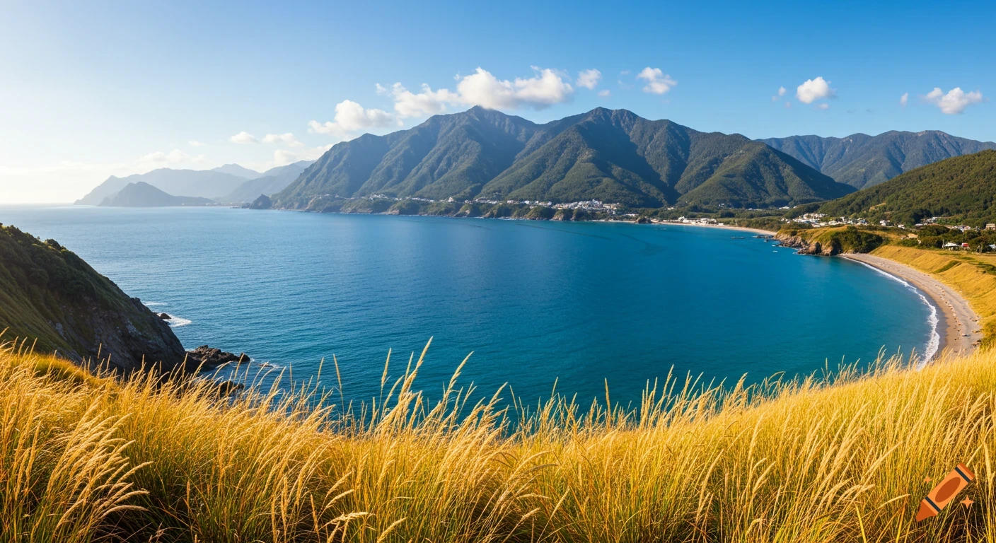 Coastal landscape with golden grass foreground, blue bay, beach, and mountains under a sunny sky.
