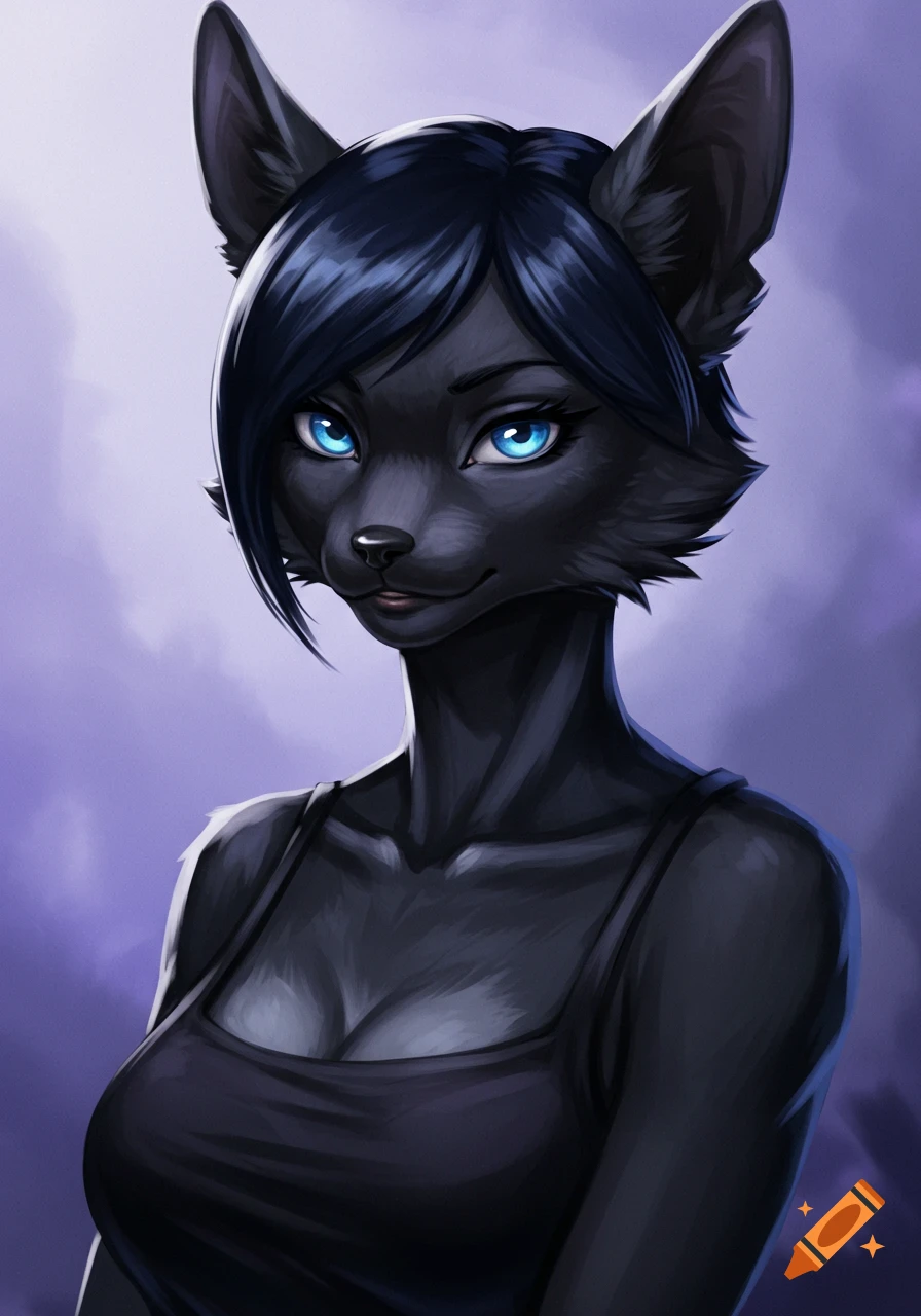 A black anthro female cat with blue eyes is wearing a black tank top.