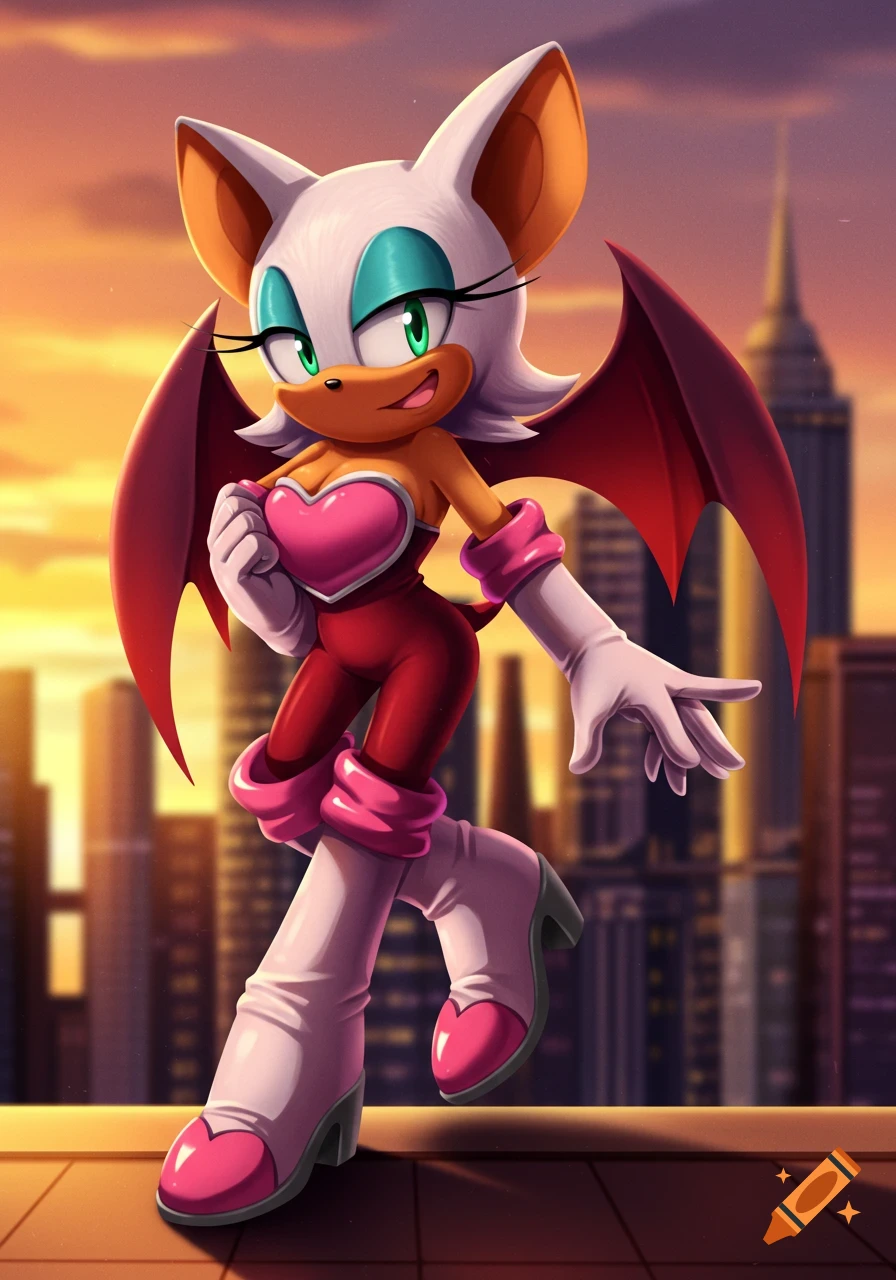Rouge the Bat standing in front of a city skyline at sunset.