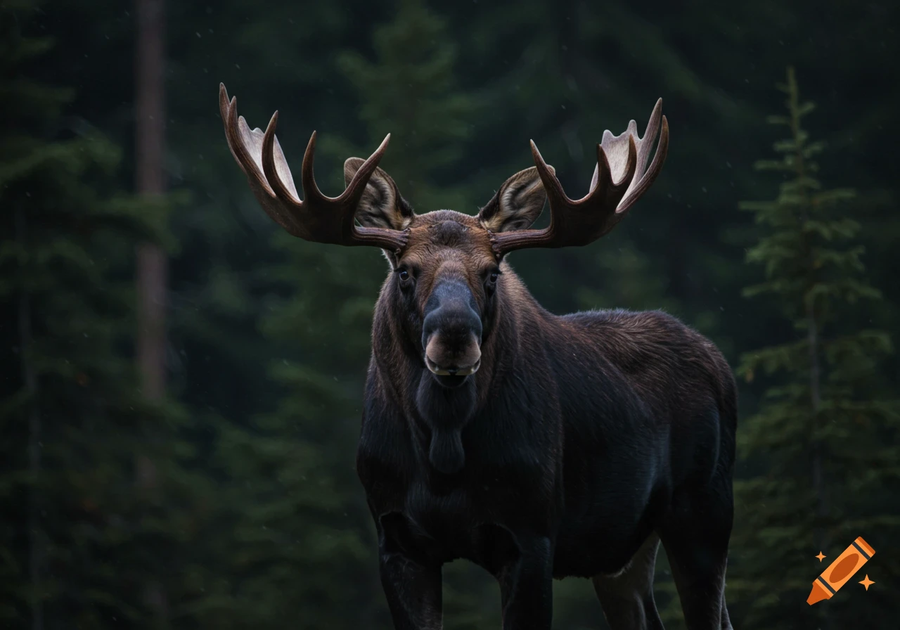 Close-up portrait of a large moose with antlers in a forest setting.
