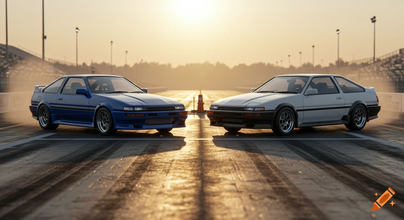 Two cars on a drag strip at sunset.