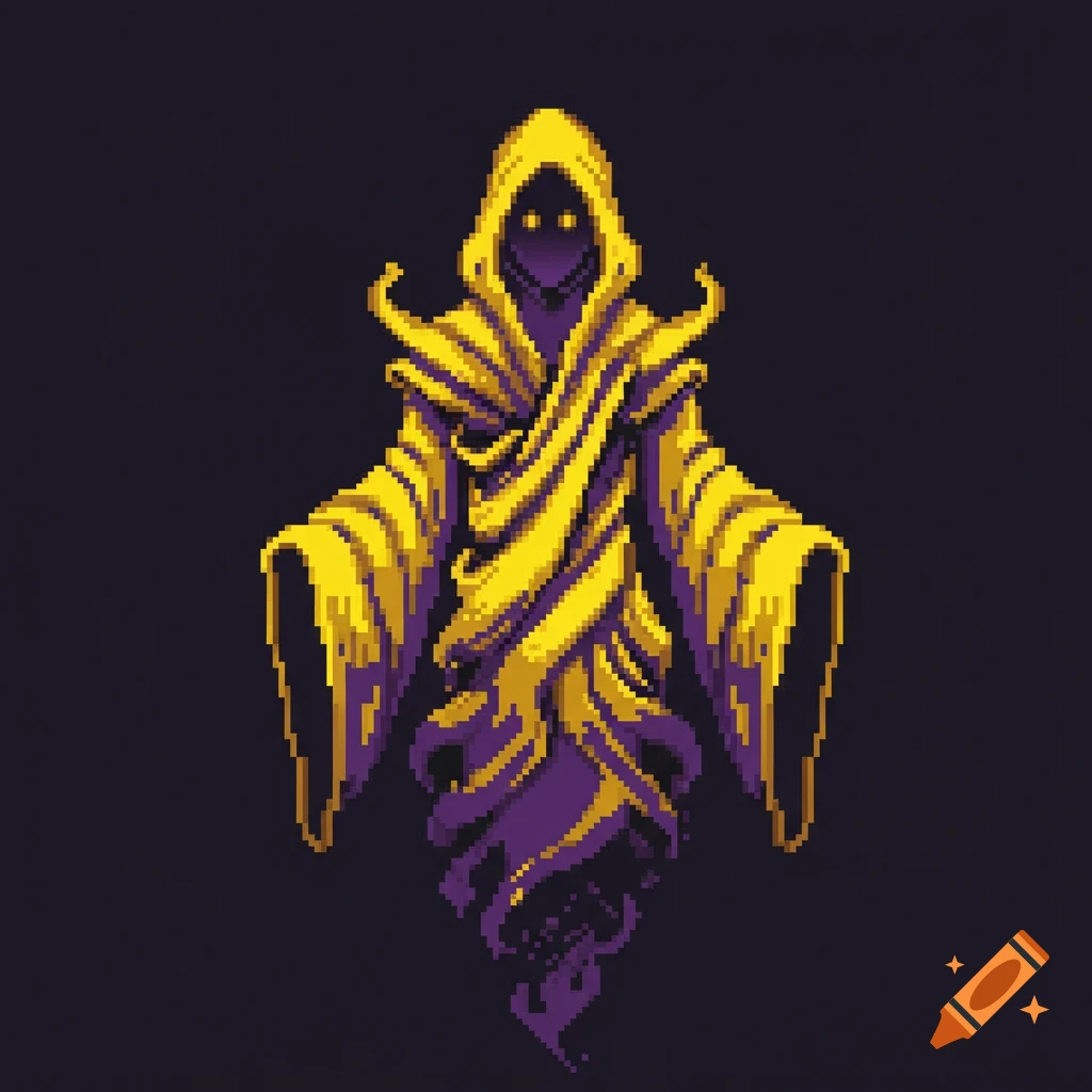 Pixel art illustration of a figure in yellow and purple eldritch robes.