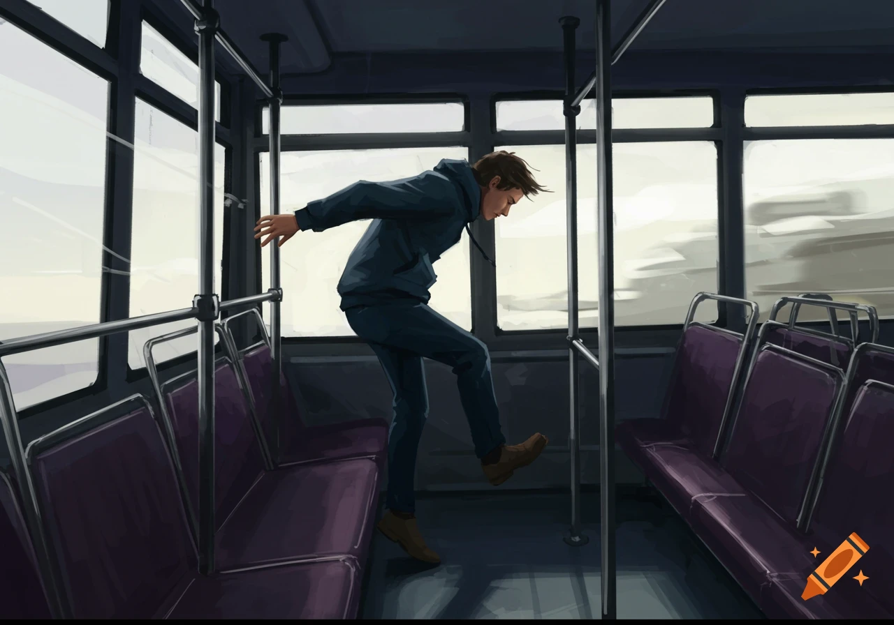 A person leaning backward on an accelerating bus.