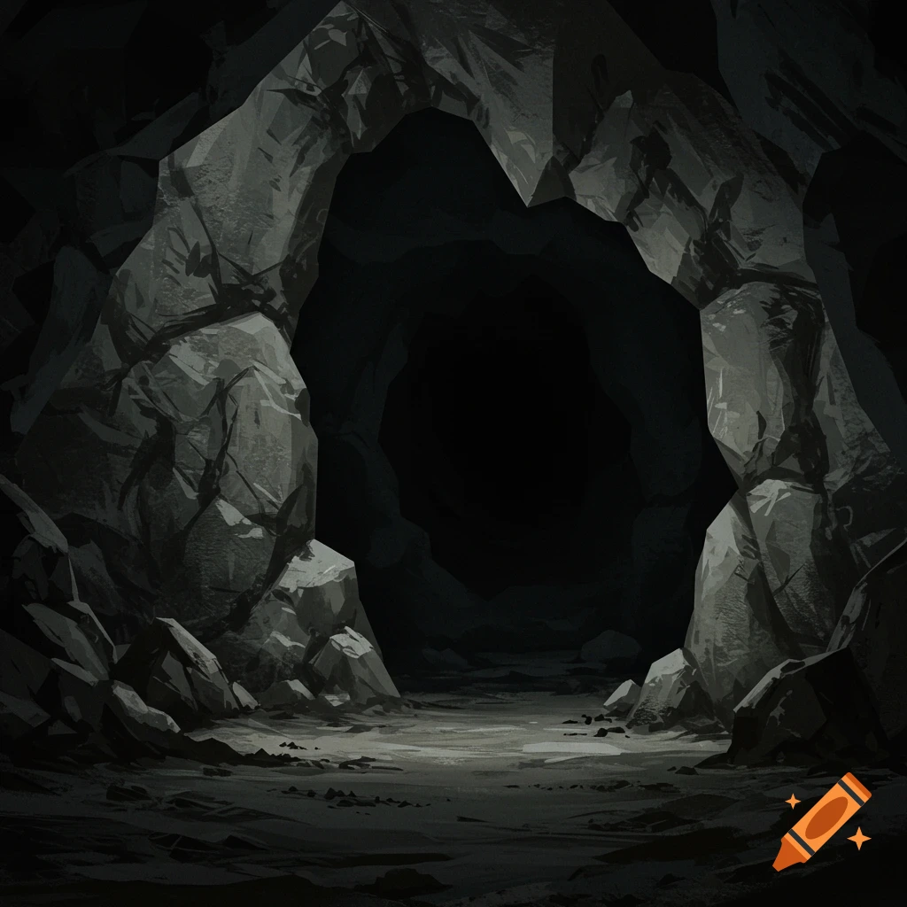 Entrance to a dark, rocky cave with a path leading into blackness.