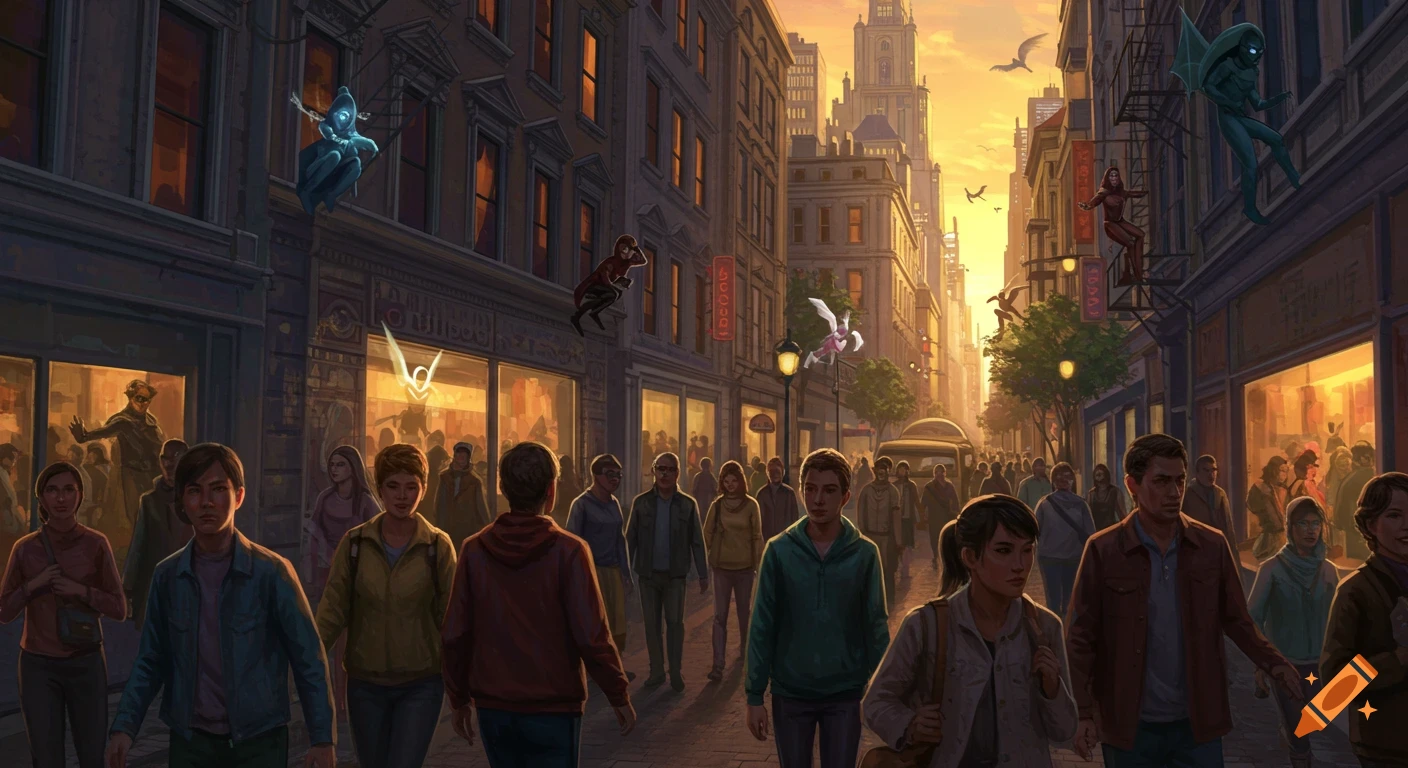 A crowded city street at sunset, with superheroes watching over the people.