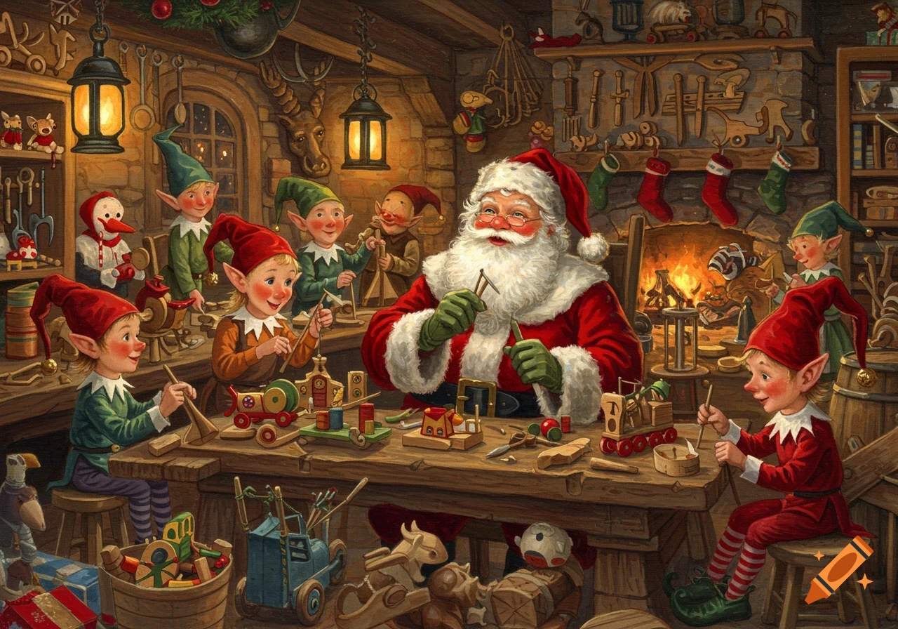 Santa Claus and elves work in a cozy Christmas workshop, crafting wooden toys in a traditional painting style.