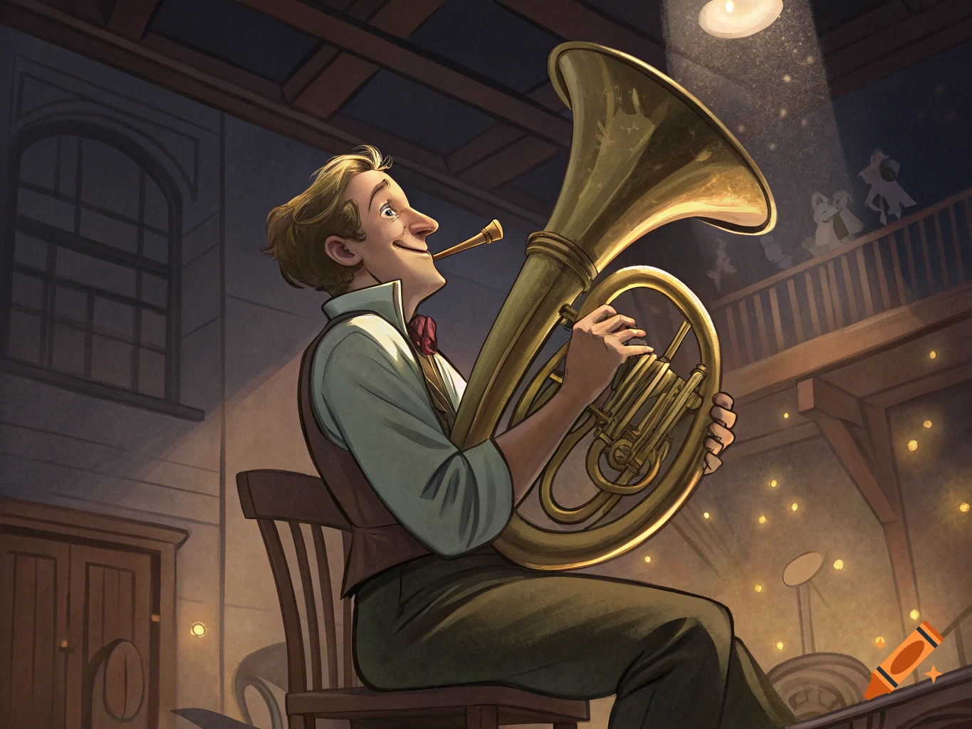 Illustration of a person playing a tuba on a stage.