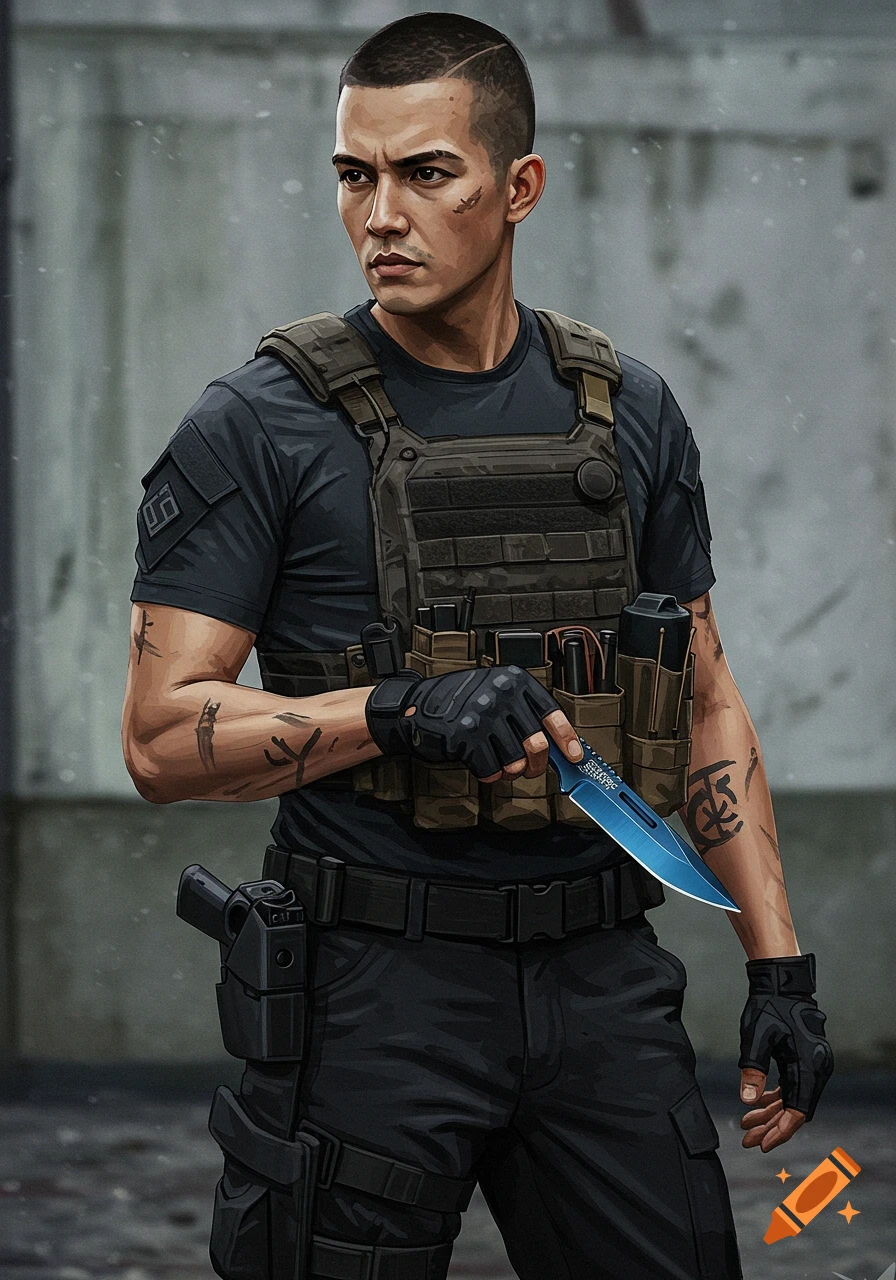 A man in tactical gear is holding a blue knife.