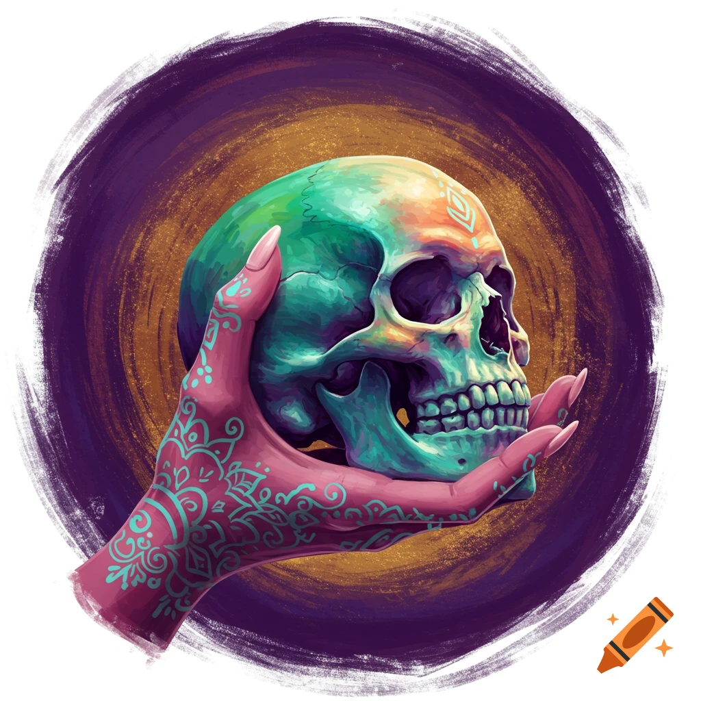A hand with patterns holding a colorful skull.