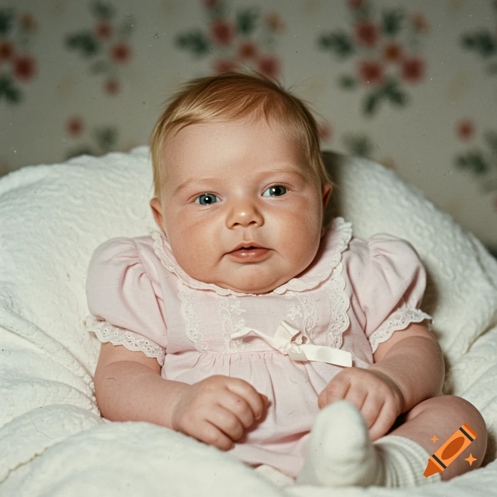 Blonde baby with heterochromia in pink dress, vintage photo