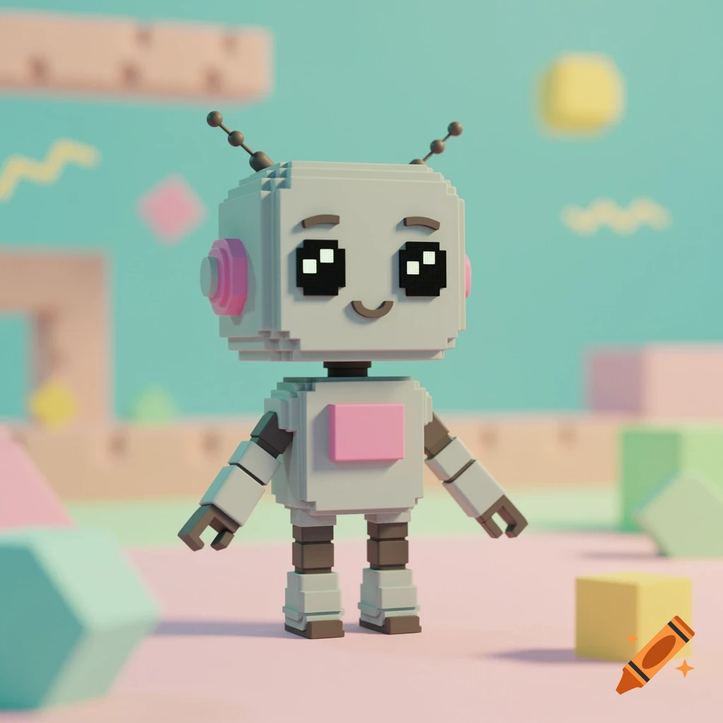 A cute blocky robot stands in a pastel pixelated landscape with geometric shapes.