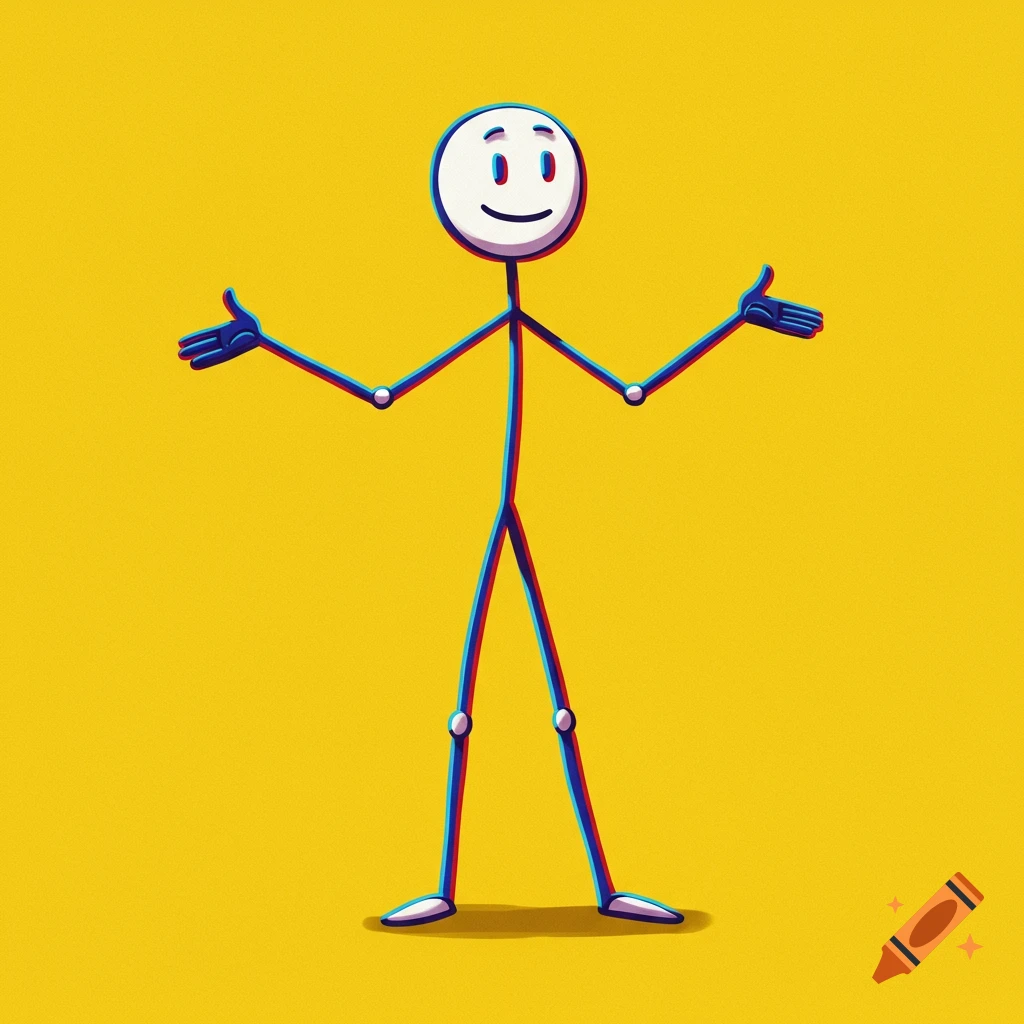 A simple stick figure with arms outstretched and a happy face, rendered with blue and red chromatic aberration effect on a yellow background.