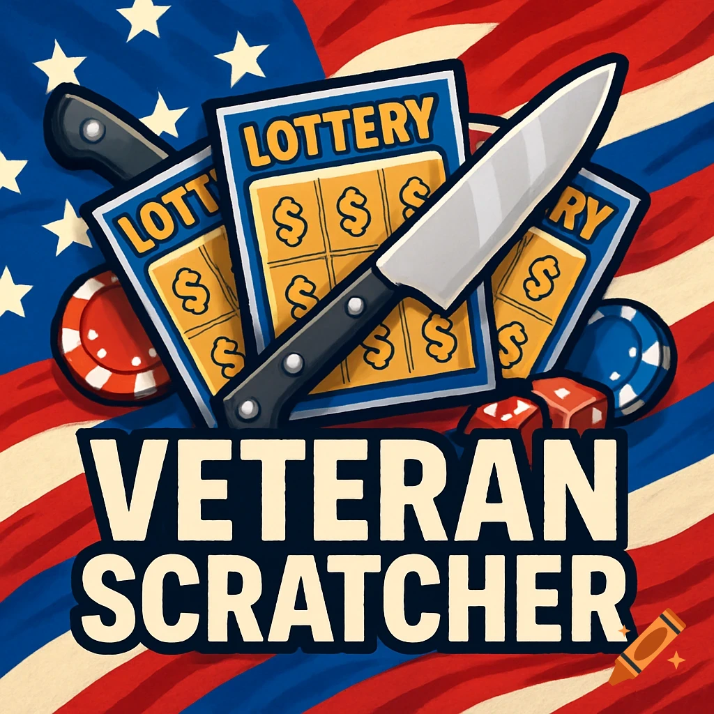 Logo with an American flag background, featuring lottery tickets, a chef's knife, casino chips, dice, and the text 'Veteran Scratcher'.