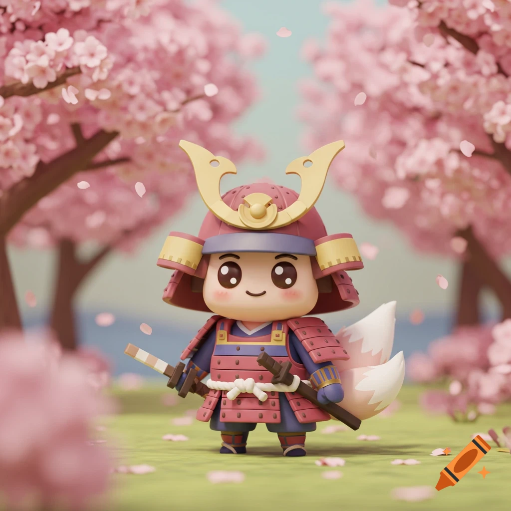 A cute stylized samurai character with a fox tail stands in a field of falling cherry blossoms.
