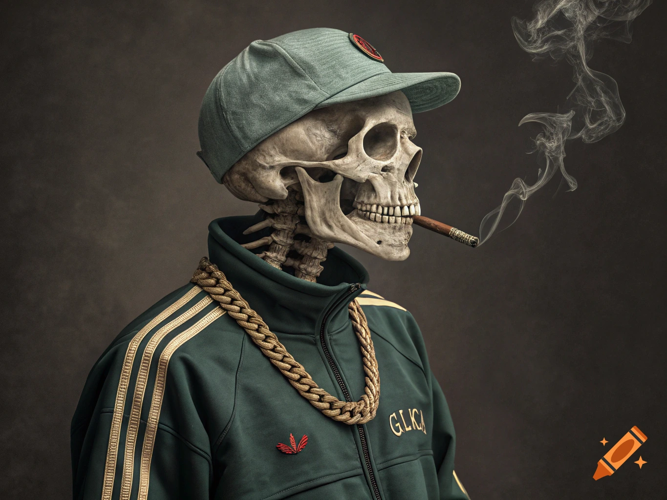 Realistic portrait of a skeleton wearing a tracksuit, flat cap, and thick gold chain, smoking a cigar.