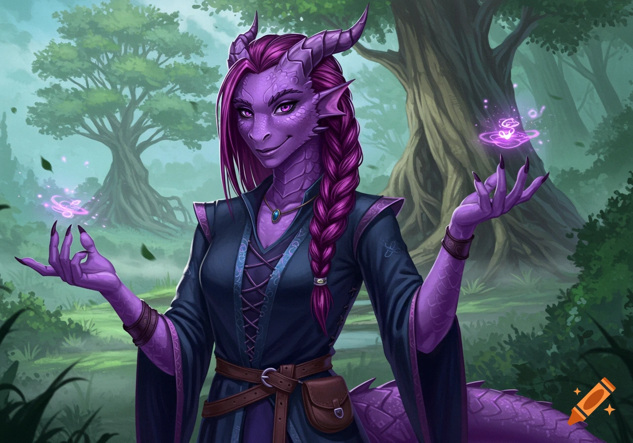 A purple dragonborn in a dark robe casting magic in a forest.