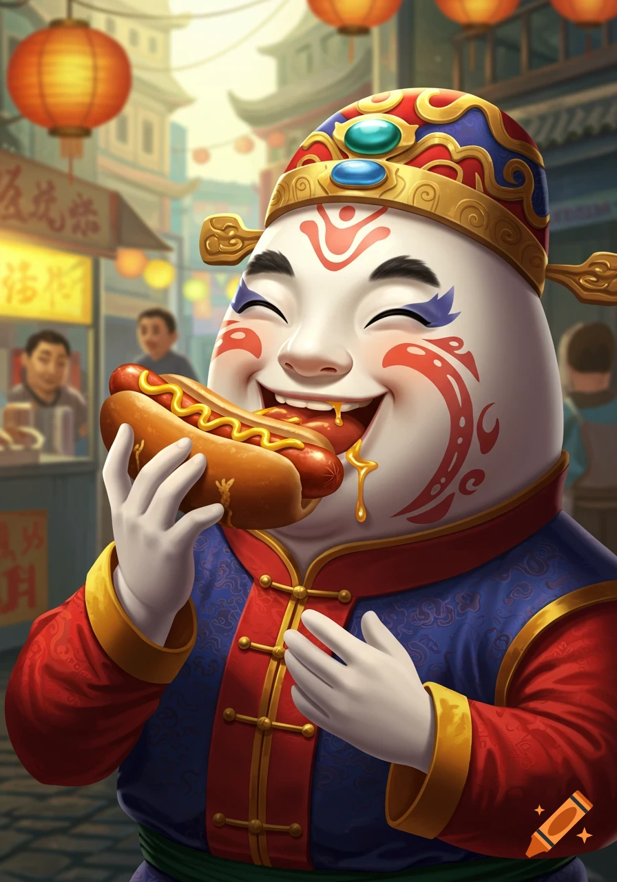 Digital painting of an egg-shaped character in Chinese attire happily eating a hotdog in a street scene.
