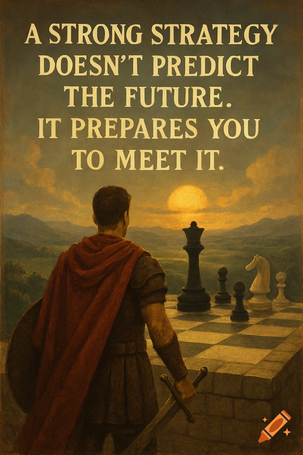 Man in Roman attire looks at large chess board in a landscape with inspirational text, painting style.
