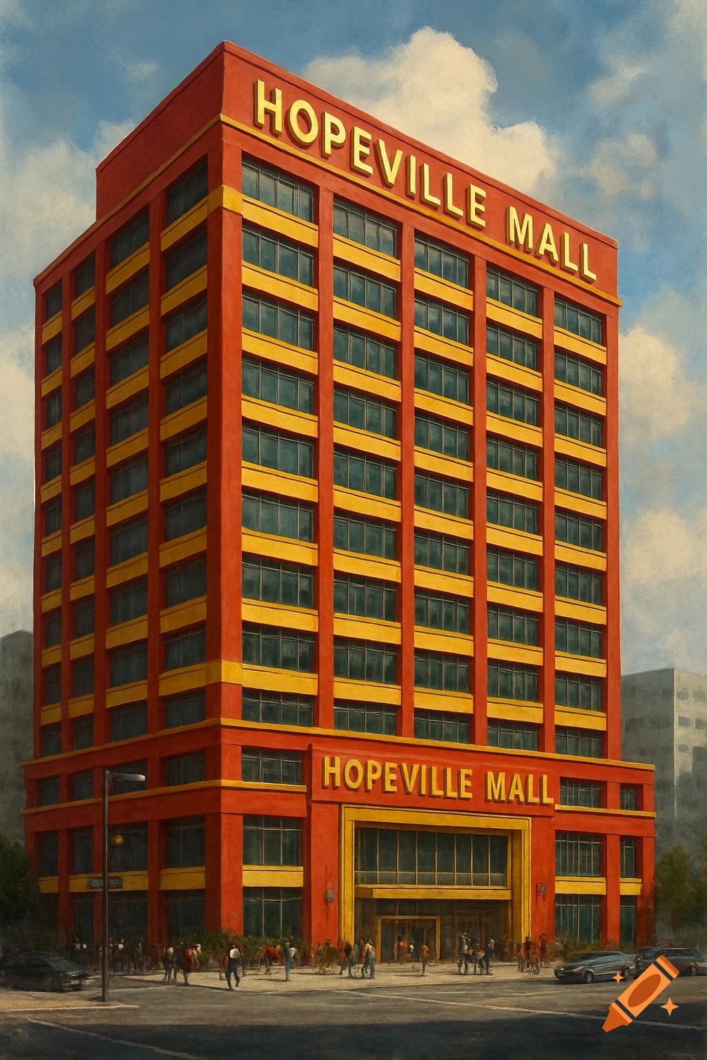 A large red and yellow shopping mall called Hopeville Mall with people outside