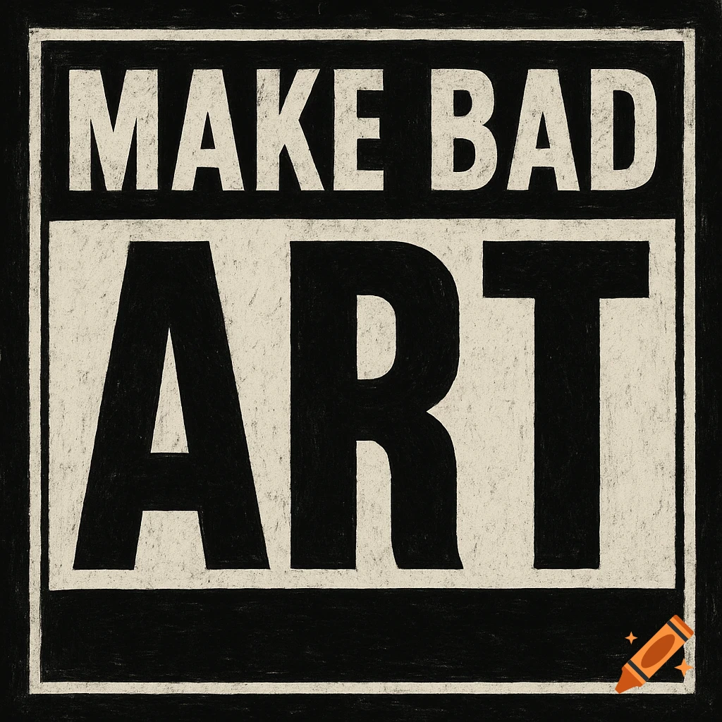 Black and white graphic sign with rough texture saying MAKE BAD ART