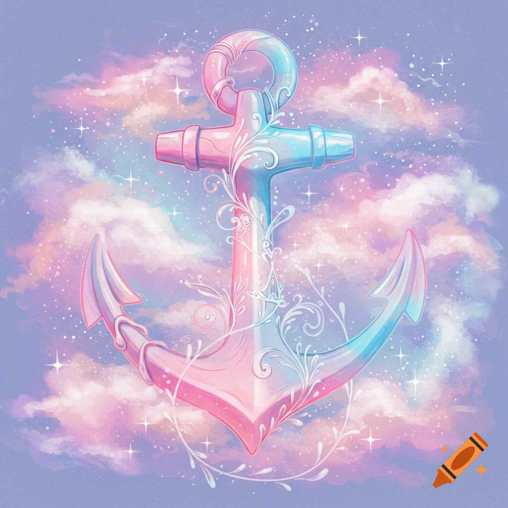 Pastel pink and blue anchor against a dreamy sky with clouds and sparkles.