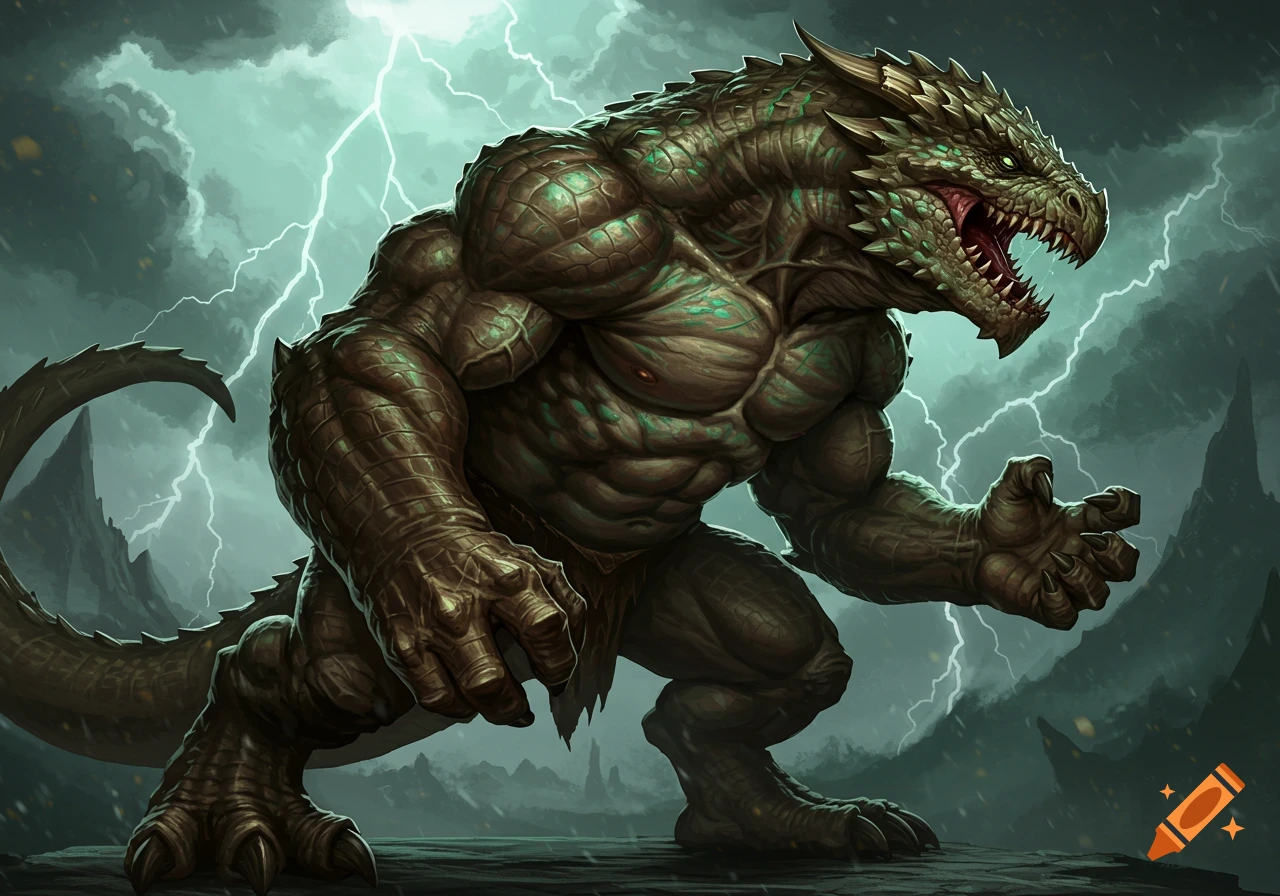 A brute dragon creature with broad shoulders stands under a lightning storm.