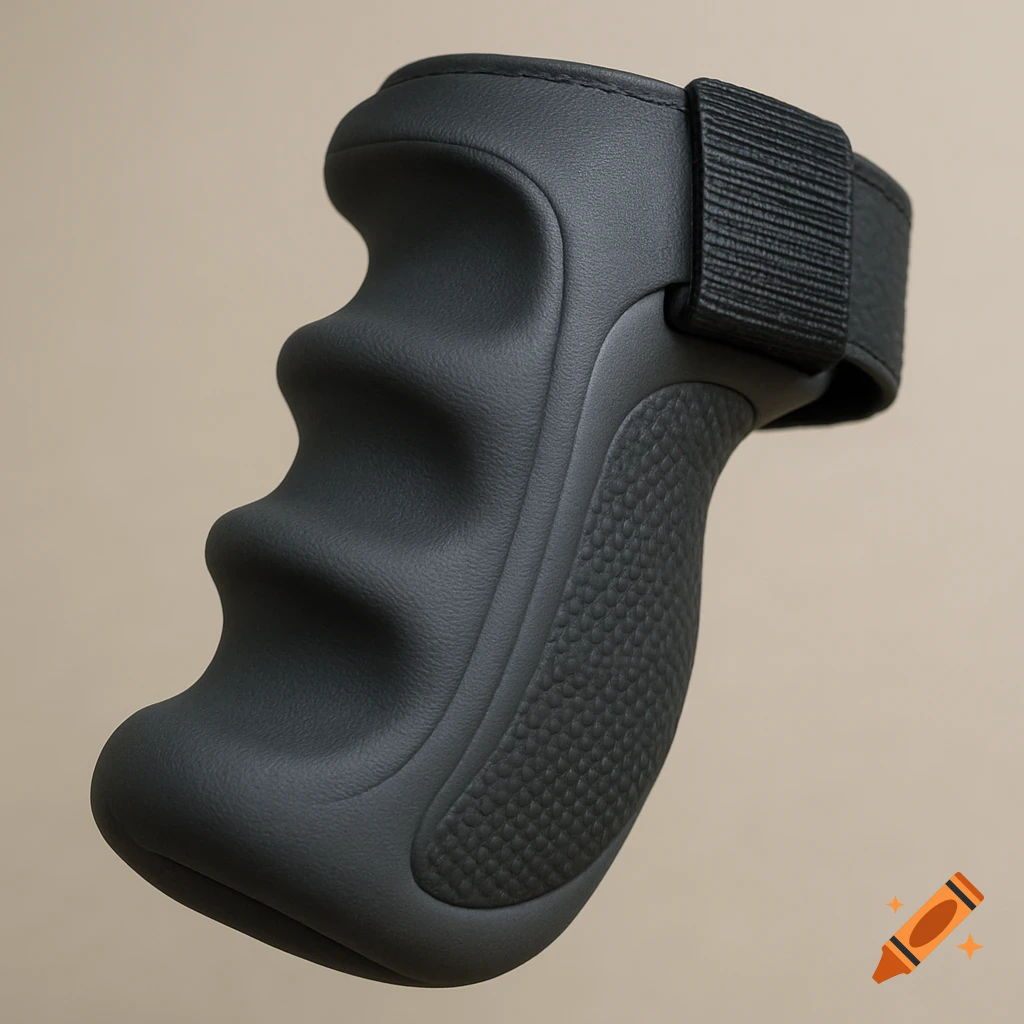 Close-up photo of a black ergonomic grip with textured surface and strap.