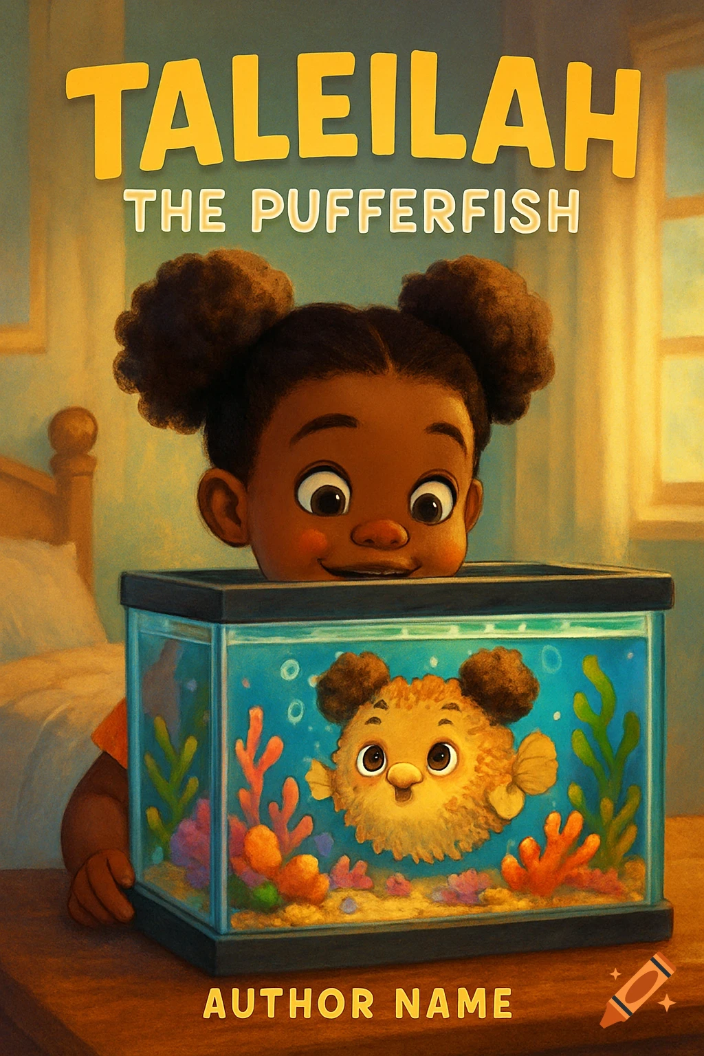 Illustration of a cartoon girl looking into an aquarium with a cute pufferfish, styled as a children's book cover.